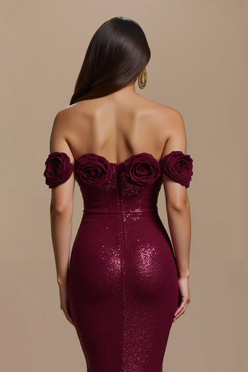 Sparkly Burgundy Long Off the Shoulder Holiday Party Dress with 3D Flower