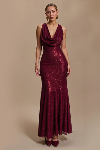Sparkly Burgundy Cowl Neck Sheath Long Holiday Party Dress
