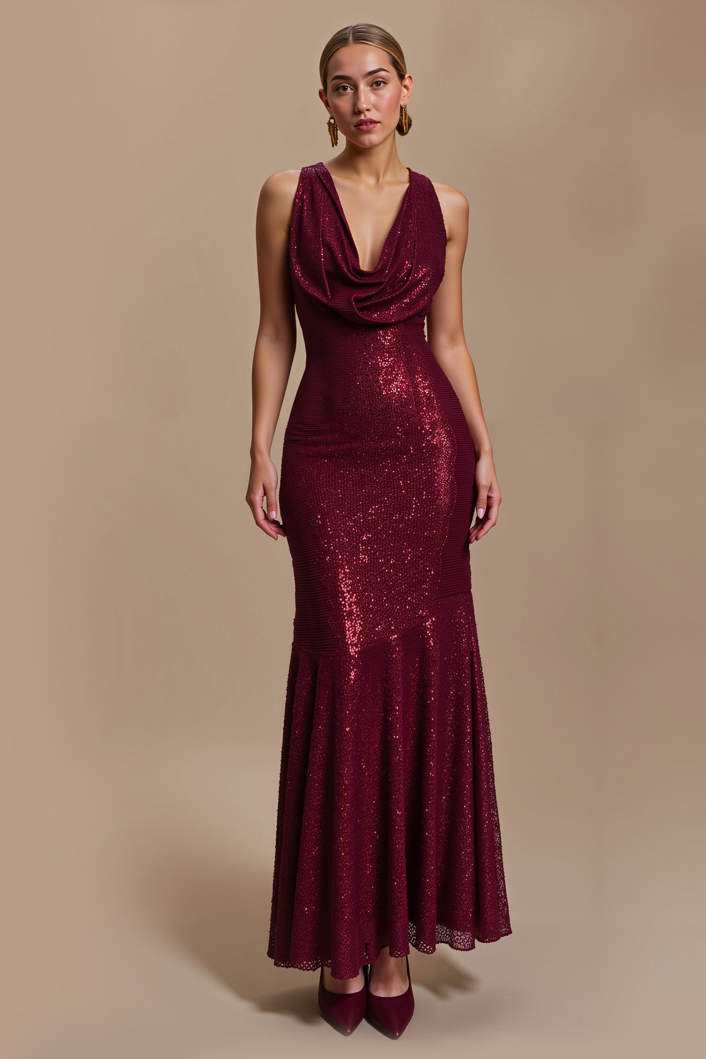 Sparkly Burgundy Cowl Neck Sheath Long Holiday Party Dress