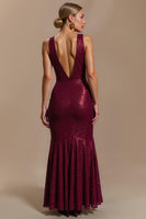 Load image into Gallery viewer, Sparkly Burgundy Cowl Neck Sheath Long Holiday Party Dress
