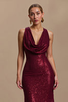Load image into Gallery viewer, Sparkly Burgundy Cowl Neck Sheath Long Holiday Party Dress