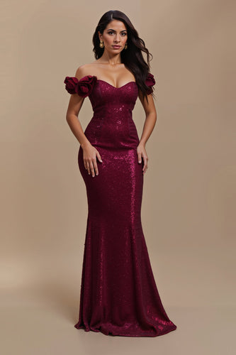 Sparkly Burgundy Long Mermaid Holiday Party Dress with 3D Flowers