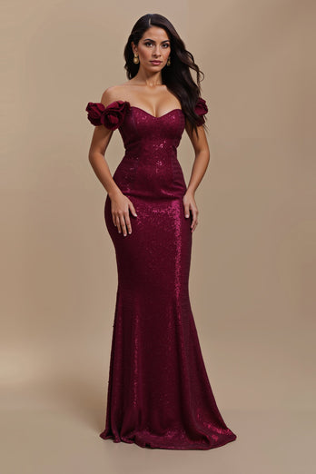 Sparkly Burgundy Long Mermaid Holiday Party Dress with 3D Flowers