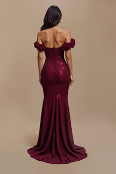 Sparkly Burgundy Long Mermaid Holiday Party Dress with 3D Flowers