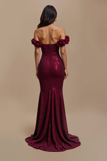Sparkly Burgundy Long Mermaid Holiday Party Dress with 3D Flowers
