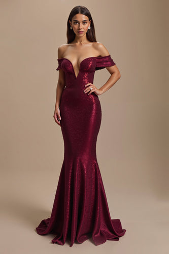 Sparkly Burgundy Off The Shoulder Mermaid Long Holiday Party Dress
