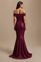 Load image into Gallery viewer, Sparkly Burgundy Off The Shoulder Mermaid Long Holiday Party Dress