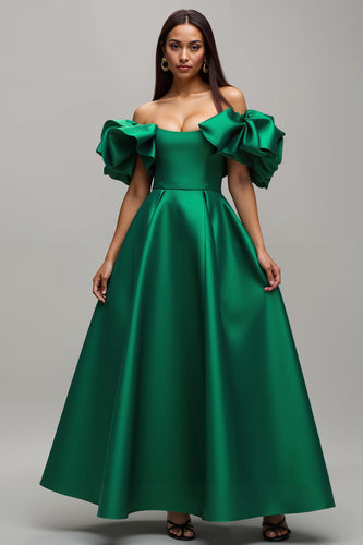 Dark Green A Line Satin Long Prom Dress with Sleeves