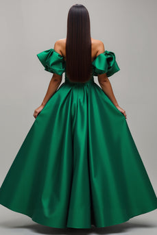 Dark Green A Line Satin Long Prom Dress with Sleeves