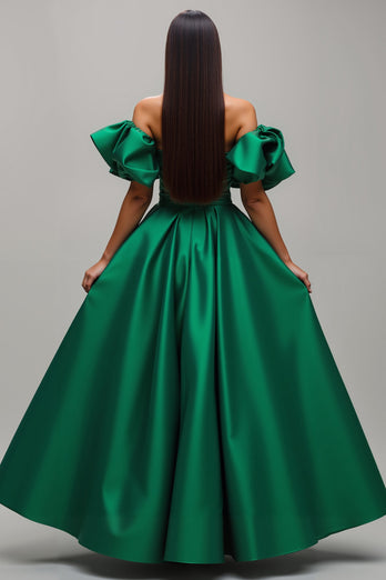 Dark Green A Line Satin Long Prom Dress with Sleeves