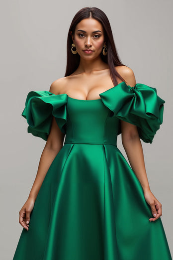 Dark Green A Line Satin Long Prom Dress with Sleeves