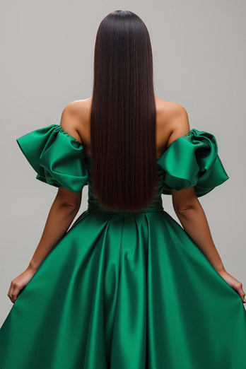 Dark Green A Line Satin Long Prom Dress with Sleeves