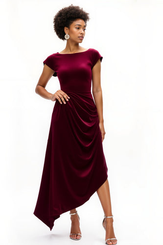 Burgundy Boat Neck A Line Ruched Asymmetrical Holiday Party Dress