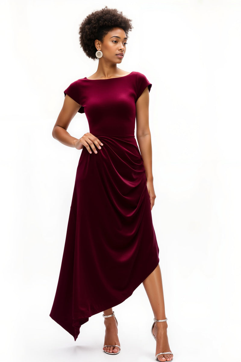 Load image into Gallery viewer, Burgundy Boat Neck A Line Ruched Asymmetrical Holiday Party Dress