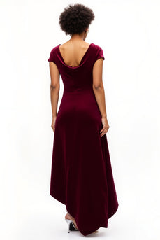 Burgundy Boat Neck A Line Ruched Asymmetrical Holiday Party Dress