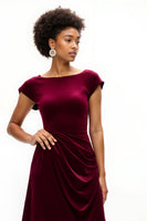 Load image into Gallery viewer, Burgundy Boat Neck A Line Ruched Asymmetrical Holiday Party Dress