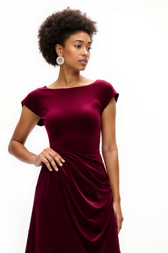 Burgundy Boat Neck A Line Ruched Asymmetrical Holiday Party Dress