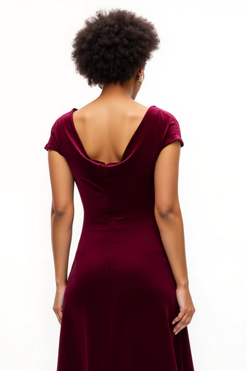 Burgundy Boat Neck A Line Ruched Asymmetrical Holiday Party Dress