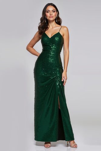 Sparkly Dark Green Sheath vLong Holiday Party Dress with Slit