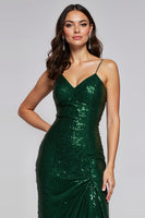 Load image into Gallery viewer, Sparkly Dark Green Sheath vLong Holiday Party Dress with Slit