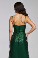Load image into Gallery viewer, Sparkly Dark Green Sheath vLong Holiday Party Dress with Slit