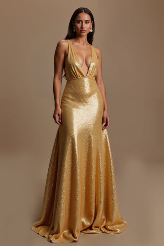 Sparkly Gold V-Neck Mermaid Long Holiday Party Dress
