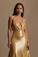 Load image into Gallery viewer, Sparkly Gold V-Neck Mermaid Long Holiday Party Dress