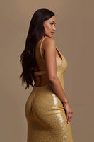 Load image into Gallery viewer, Sparkly Gold V-Neck Mermaid Long Holiday Party Dress