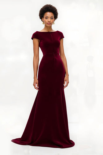 Burgundy Long Boat Neck Holiday Party Dress with Sleeves