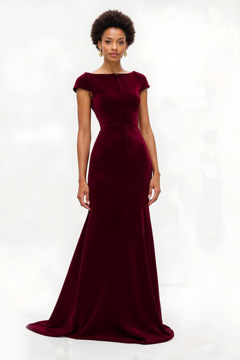 Burgundy Long Boat Neck Holiday Party Dress with Sleeves