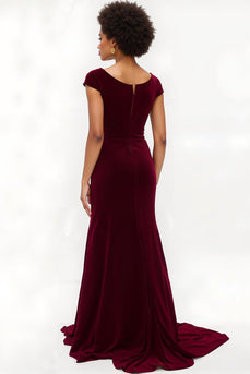 Burgundy Long Boat Neck Holiday Party Dress with Sleeves