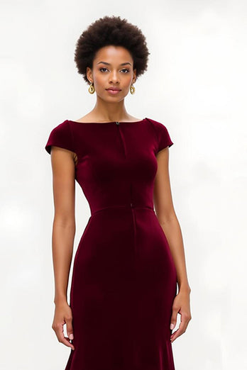 Burgundy Long Boat Neck Holiday Party Dress with Sleeves