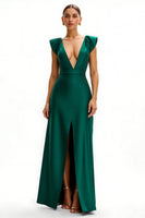 Load image into Gallery viewer, Dark Green Cap Sleeves V-Neck Long Holiday Party Dress with Slit