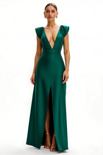 Dark Green Cap Sleeves V-Neck Long Holiday Party Dress with Slit