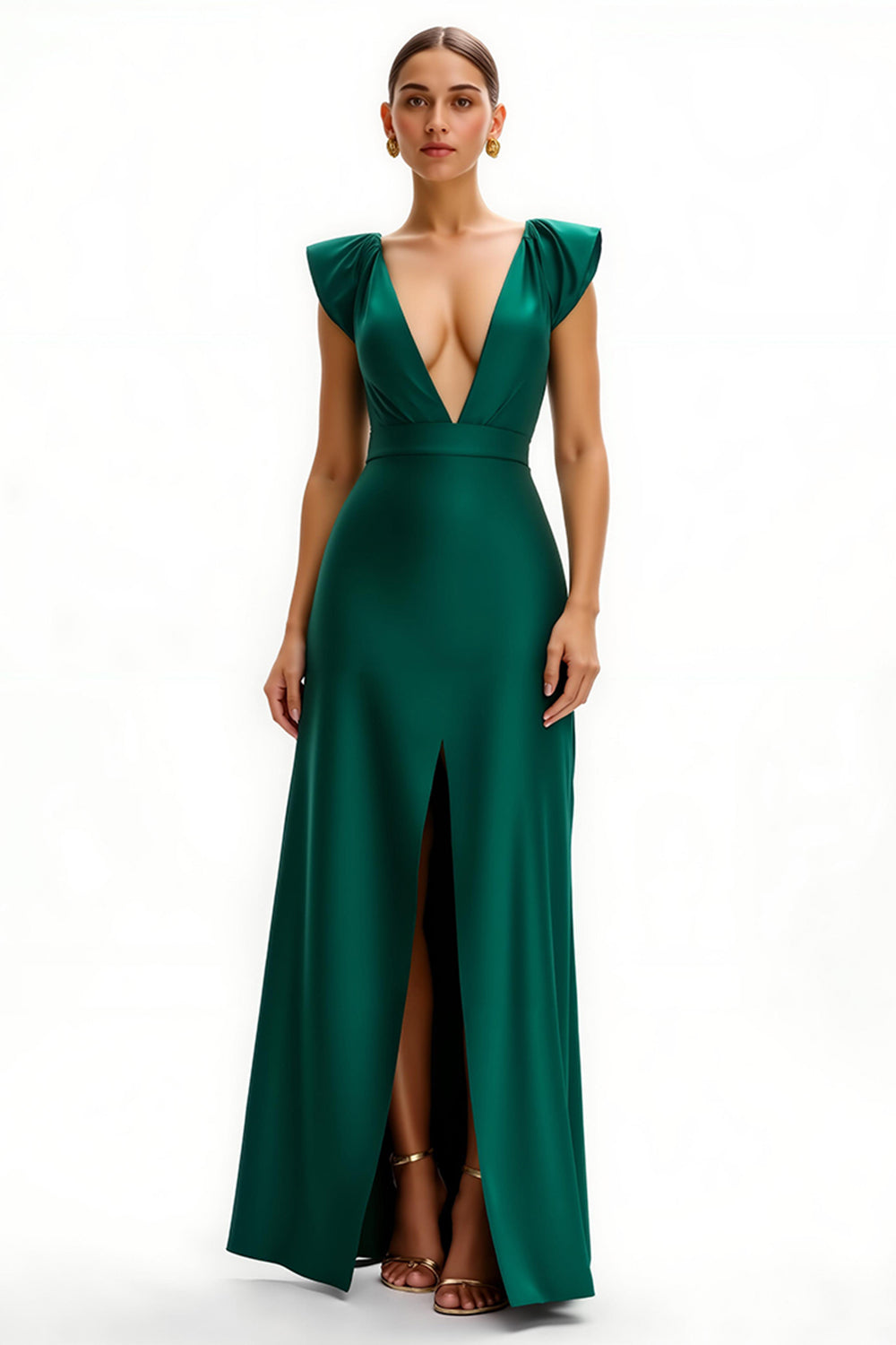 Dark Green Cap Sleeves V-Neck Long Holiday Party Dress with Slit
