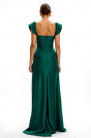 Load image into Gallery viewer, Dark Green Cap Sleeves V-Neck Long Holiday Party Dress with Slit