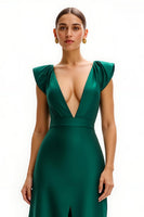 Load image into Gallery viewer, Dark Green Cap Sleeves V-Neck Long Holiday Party Dress with Slit