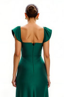 Load image into Gallery viewer, Dark Green Cap Sleeves V-Neck Long Holiday Party Dress with Slit