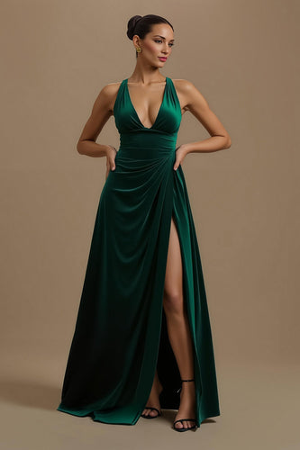 Dark Green Ruched V-Neck Long Holiday Party Dress with Slit