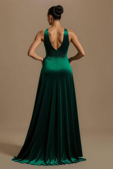 Dark Green Ruched V-Neck Long Holiday Party Dress with Slit