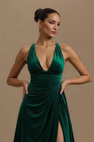 Load image into Gallery viewer, Dark Green Ruched V-Neck Long Holiday Party Dress with Slit