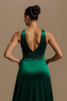 Load image into Gallery viewer, Dark Green Ruched V-Neck Long Holiday Party Dress with Slit