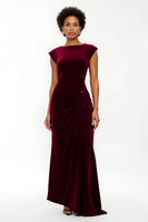 Load image into Gallery viewer, Women Simple Burgundy Velvet Long Holiday Party Dress Asymmetrical Ruched Boat Neck Sheath Formal Dress