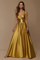 Load image into Gallery viewer, Golden A Line Deep V-Neck Long Holiday Party Dress