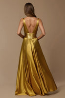 Load image into Gallery viewer, Golden A Line Deep V-Neck Long Holiday Party Dress