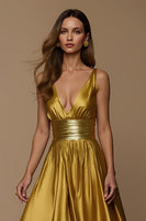 Load image into Gallery viewer, Golden A Line Deep V-Neck Long Holiday Party Dress