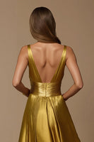Load image into Gallery viewer, Golden A Line Deep V-Neck Long Holiday Party Dress