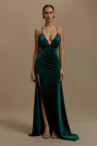 Dark Green Spaghetti Straps Ruched Long Holiday Party Dress with Slit