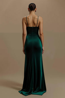 Dark Green Spaghetti Straps Ruched Long Holiday Party Dress with Slit