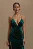 Load image into Gallery viewer, Dark Green Spaghetti Straps Ruched Long Holiday Party Dress with Slit